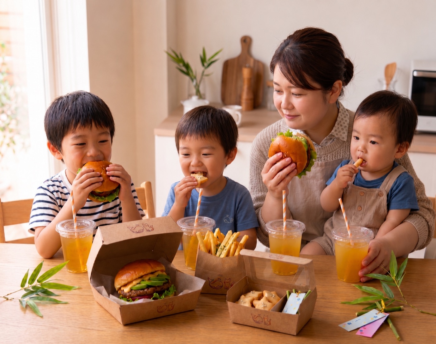 でりやきバーガーを頬張って笑顔の親子